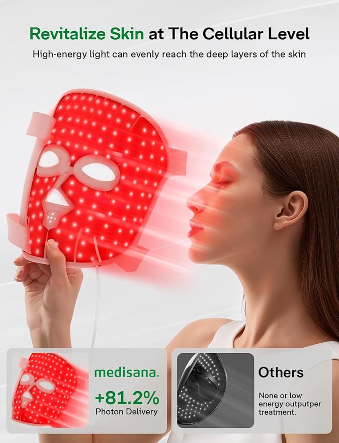 Medisana 3D Red Light Therapy Mask for Face 336 LEDs Light Therapy Mask with 3 Modes - NIR 830nm Red 630nm Blue 415nm - Cordless &amp Rechargeable LED Face Mask for Home Skincare Gifts for Women