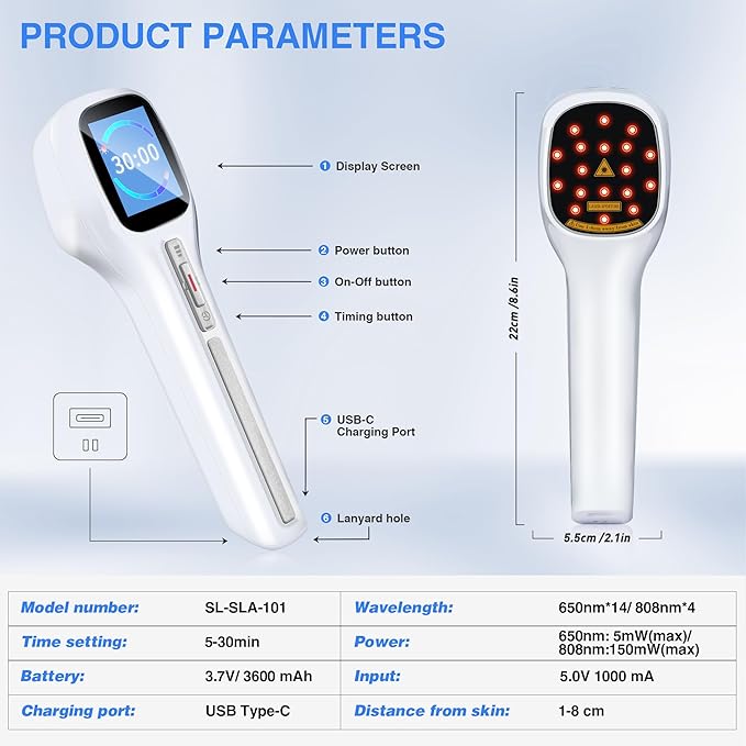 Cold Laser Therapy Device with LED Display Infrared Light Therapy for Body (4x808nm +14X650nm) Red Light Therapy for Pain Relief Joint and Muscles for Humans/Pet 8.6×2.1 Inch
