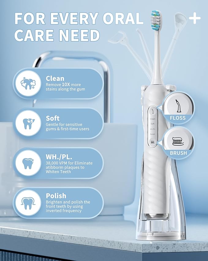 Electric Toothbrush with Water Flosser 4 in 1 Cordless Toothbrush and Water Flosser Combo for Multiple Users and Needs Flossing Toothbrush Portable for Travel and Home White