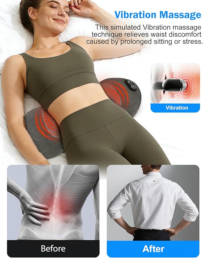 Smooth Triple Fusion Back MassagerElectric Lumbar Support Pillow with Heat &ampVibrationAir Lift Technology Ergonomic Memory Foam Spine Back Massager for Lower Back Tension Relief
