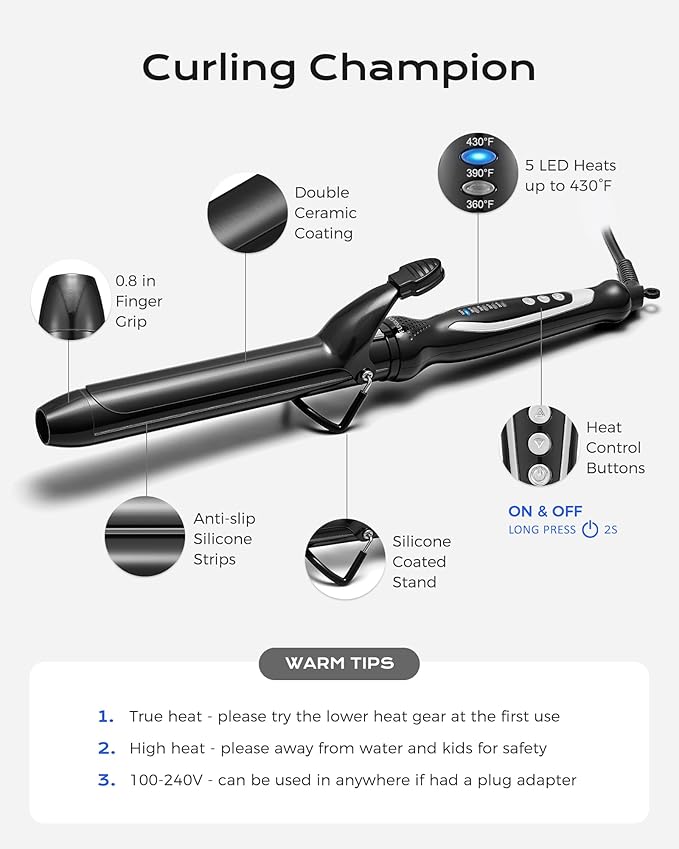 1.25'' Double Ceramic Long Barrel Curling Iron - 8'' Extended Wand | 5 Heat Settings | Dual Voltage | Auto Shut-Off | Anti-Slip Styling for Long Hair (Bag Mat Glove)