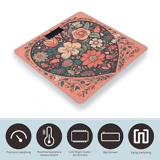Heart with Flowers Scale for Body Weight Anti-Slip Tempered Glass Digital Bathroom Scales Clear LCD Display Weighing Scale Safe Rounded Corners Smart Scales