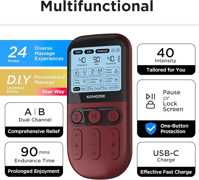 4 in 1 - D.I.Y &amp Tens Unit &amp EMS &amp Massage Muscle Stimulator Dual Channel TENS Units Therapy Machine for Pain Relief FDA Cleared Rechargeable Electronic Pulse Massagerwith 12pcs Electro
