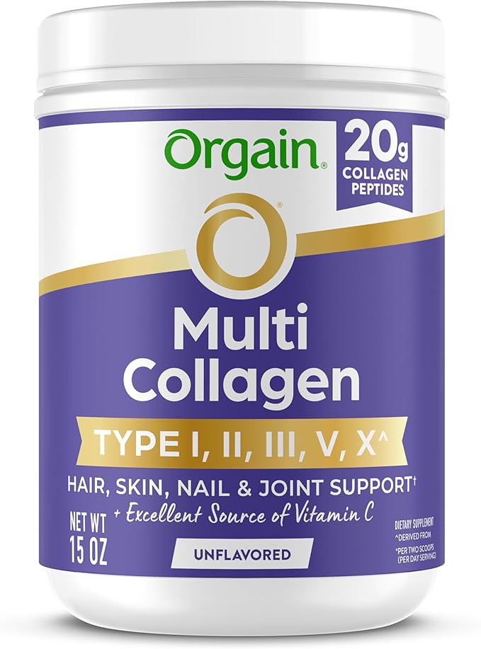 Orgain Hydrolyzed Multi Collagen Powder for Women &amp Men 20g Collagen Supports Hair Skin Nail &amp Joint Health Type I II III V X Vitamin C &amp Amino Acids Non-GMO Unflavored (21 Ser