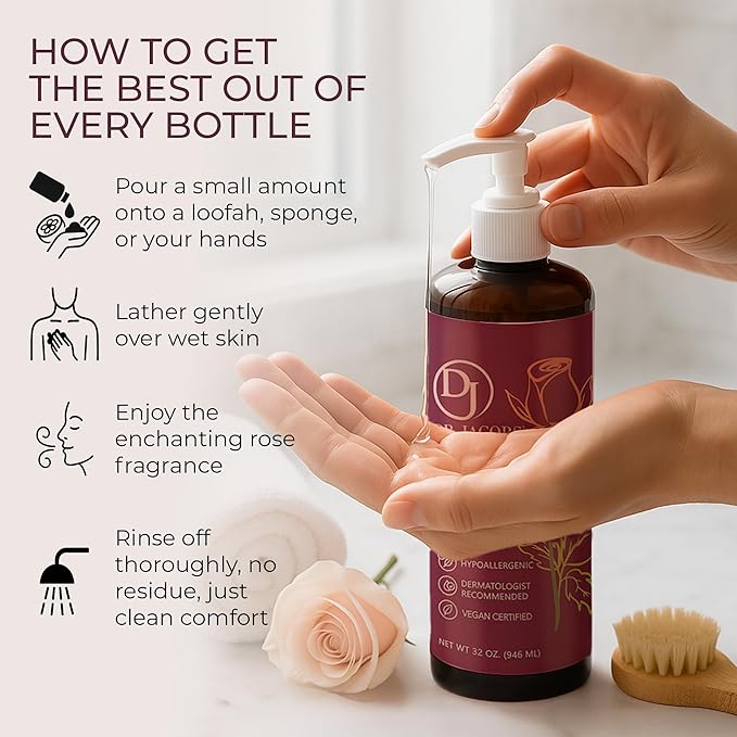 Dr. Jacobs Naturals Castile Rose All-Natural Body Wash for Moisturizing Dry and Sensitive Skin Shampoo with Plant-Based Ingredients Gluten Preservatives-Free Formula with Pump - 32 Ounce