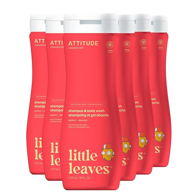 ATTITUDE Shampoo and Body Wash for Kids EWG Verified Hair and Body Cleanser Dermatologically Tested Soap Plant and Mineral Based Bath Products Vegan Mango 16 Fl Oz (Pack of 6)