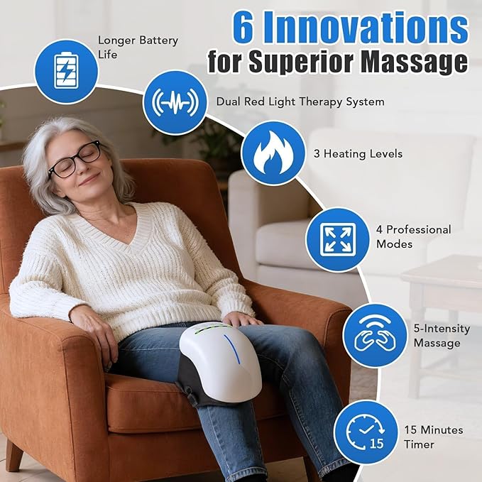 Knee Massager for Pain Relief with Heat and Red Light 5 Vibration Modes &amp 3 Heating Levels 4 Smart Modes 6 Silicone Kneading Nodes Ideal Gift for Men Women &amp Parents White