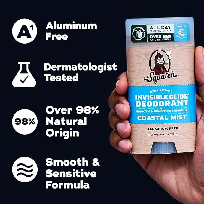 Dr. Squatch Invisible Glide Natural Men’s Deodorant – Smooth Glide No Stains – Aluminum Free Deodorant Men – Safe for Sensitive Skin – Coastal Mist + Summer Citrus 2.65oz (2-Pack)
