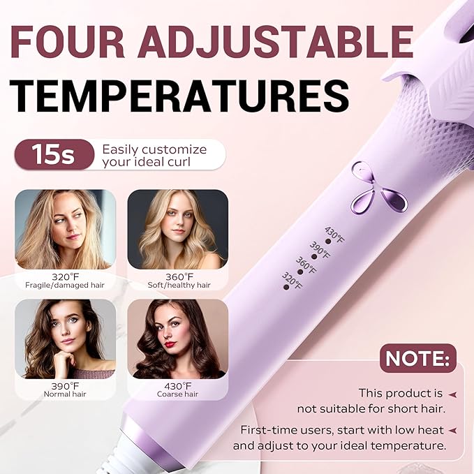 Auto Rotating Hair Curler - 4 Temperature and Timer Settings Automatic Curling Iron with Automatic Shut-Off Anti-Tangle and Scalding Curling Wand for Long Lasting Curls (Purple)