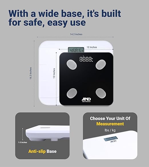 A&ampD Medical Digital Body Weight Scale UC-356BLE Bluetooth Bathroom Weight Machine UltraWide Platform and Large Display Syncs with A&ampD App550lb (249kg) Batteries Included White