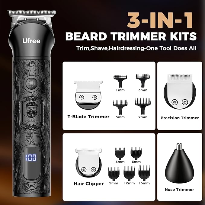 Ufree Beard Trimmer for Men Foil Shaver Electric Razor Shavers for Body Face Nose Ear Cordless Hair Trimmer Professional Hair Clippers Mustache Grooming Kit Birthday Gifts for Men