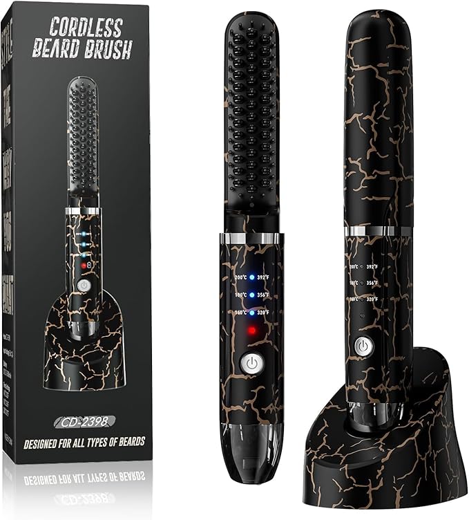 Beard Straightener for Men Cordless Heated Beard Brush Portable Beard Hot Combs Ionic Mini Hair Straightener with 3 Temp Settings Coarse Curly Hair Brush Grooming Kit for Men