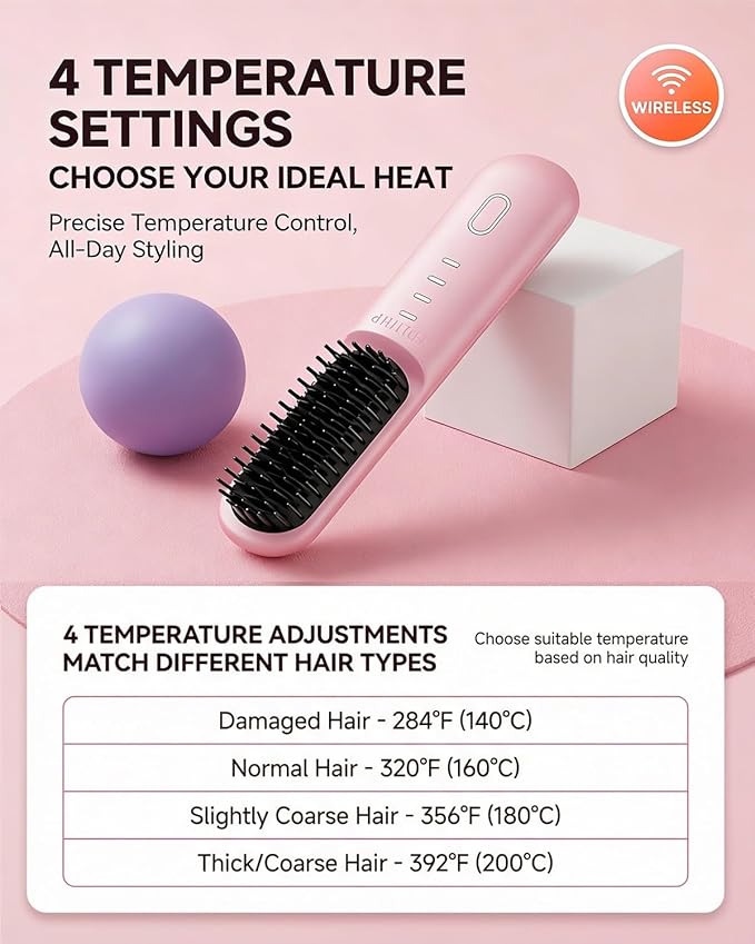 2026 Upgraded Portable Cordless Hair Straightening Brush Fast Heating &amp USB-C Rechargeable Wireless Mini Hair Straightener Styling Brush for Women Short Hair Travel 3 Temperature Settings(Pink)