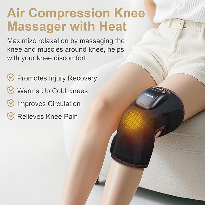 FIT KING Air Compression Knee Massager Heated Knee Brace Wrap with 3 Modes and 3 Intensities Shiatsu-Like Massage for Pain Relief Ideal Gifts for Men Women (Single)