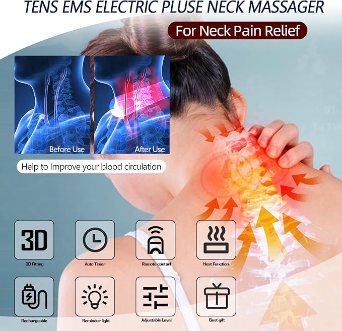 Neck Massager for Pain Relief with Heat Portable Electric Pulse Deep Tissue Trigger Point Cervical Massager for Women Men Gifts
