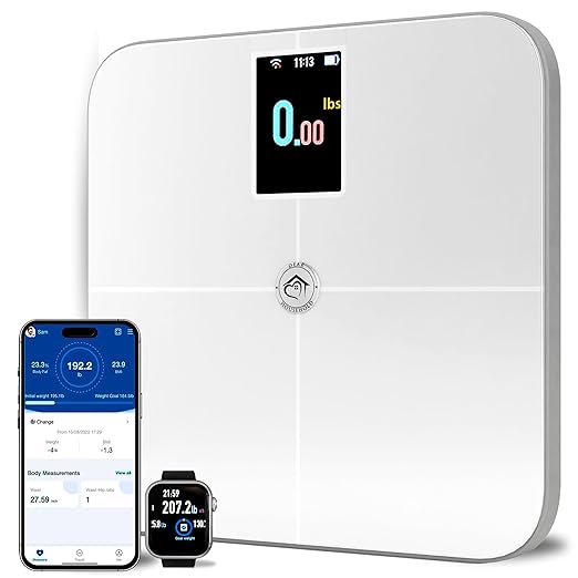 Premium Smart Digital Body Weight Scale - 4 Electrodes – 25+Metrics -Rechargeable- WiFi &amp Bluetooth - Full Body Analysis -Track Body Fat Muscle Mass Fat Percentage Sleek Design
