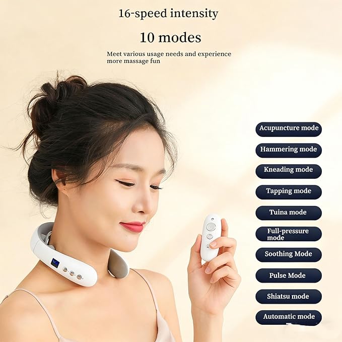 2026 New Portable Electric Neck Massager with Heat 10 Massage Modes 16 Intensity Levels Wireless Remote Control 15-Minute Smart Timer and Digital Display Relaxing Gifts for Men Women (White)