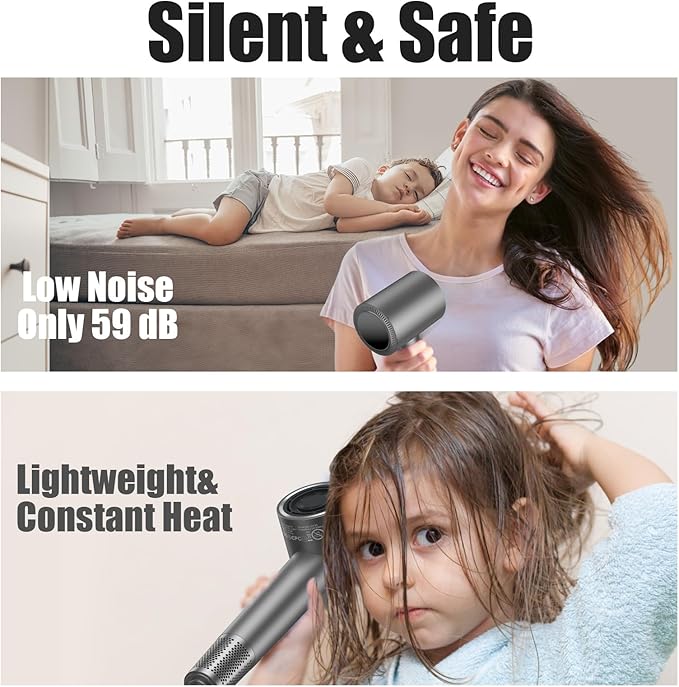 slopehill 110000 RPM Professional Hair Dryer - 0.8lb Ultra-Lightweight 2 Billion Ion Technology for 98% Frizz Reduction AI Smart-Temp Control Magnetic Attachments for All Hair Types (Dark Grey)