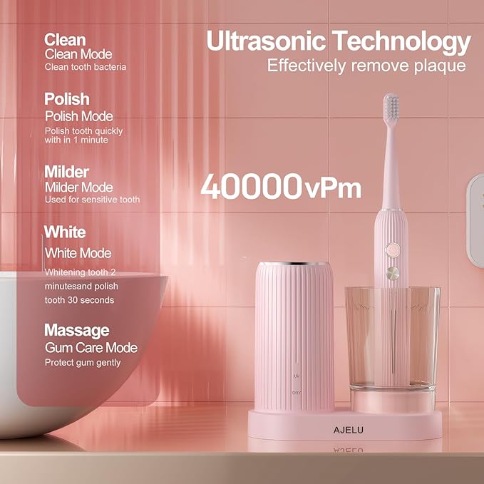 Electric Toothbrush Set for Women with UV Light Drying Holder 8 Brush Heads Smart Timer USB Rechargeable – Soft Pink Edition