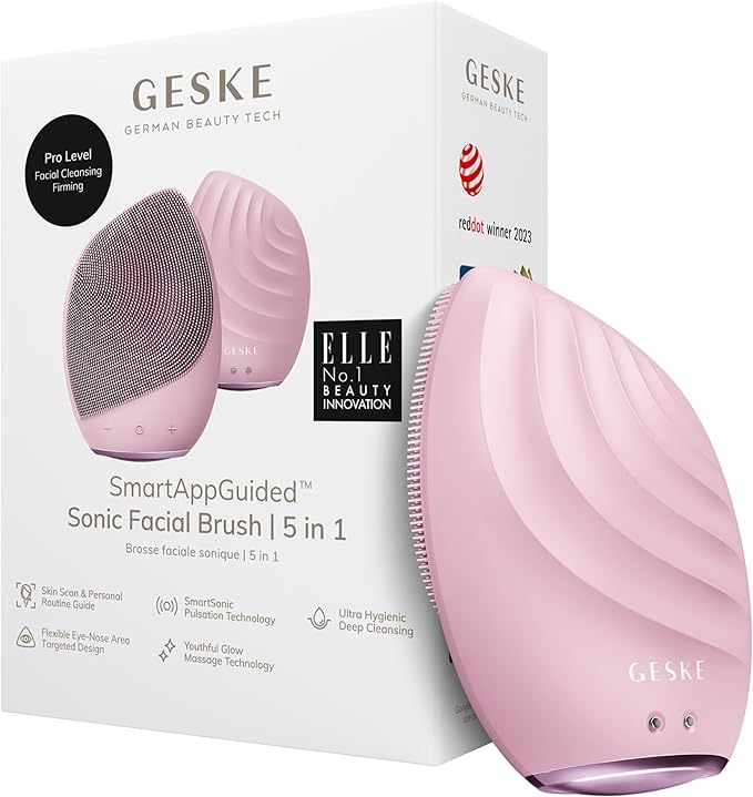 GESKE SmartAppGuided™ Sonic Facial Brush 5 in 1 | Vibrating Electric Facial Cleansing Brush | Soft Silicone Brush | Professional Facial Cleanser | Skin Cleanser &amp Exfoliator | Face Massager
