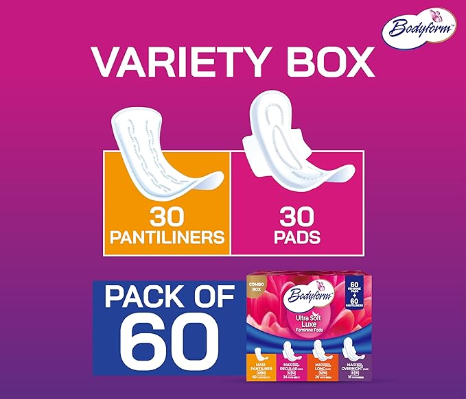 Bodyform Luxe Feminine Care Value Combo Pack Variety Pack Cushion-Soft &amp Ultra-Absorbent Daily Freshness &amp Protection (60 Count)