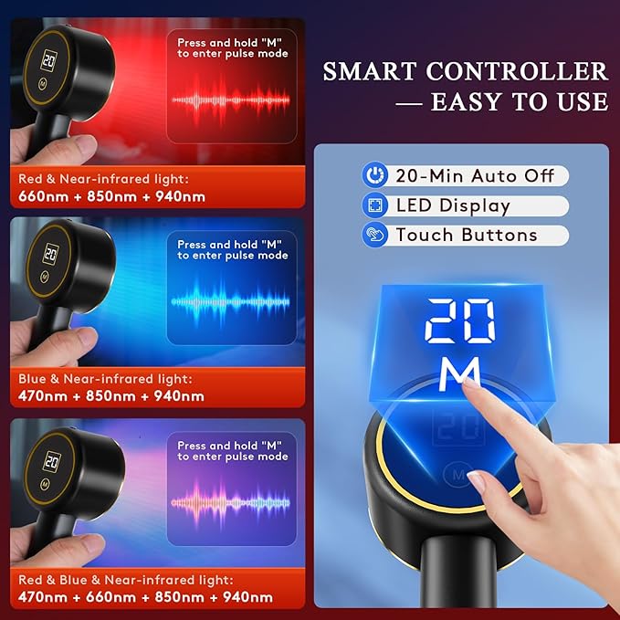UTK Handheld Blue &amp Red Light Therapy Device with 4 Wavelengths (470/660/850/940nm) Near Infrared Red Light Deeply Pain-Relief Red Light Therapy for Body &amp Face Portable Gift for Women