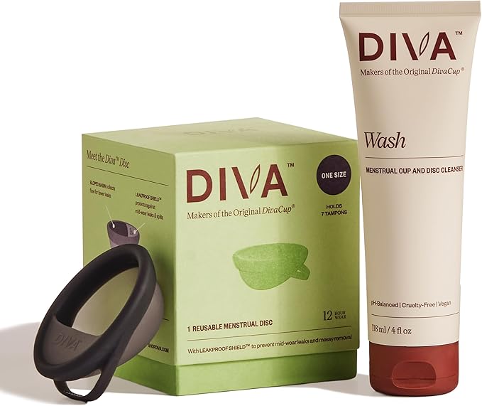 DIVA Disc &amp DIVA Wash Combo Pack - Comfortable Reusable Menstrual Disc with Leakproof Shield - Period Disc for Up to 12 Hours of Continuous Wear - Wash for Period Disc - Disc Size Fits Most
