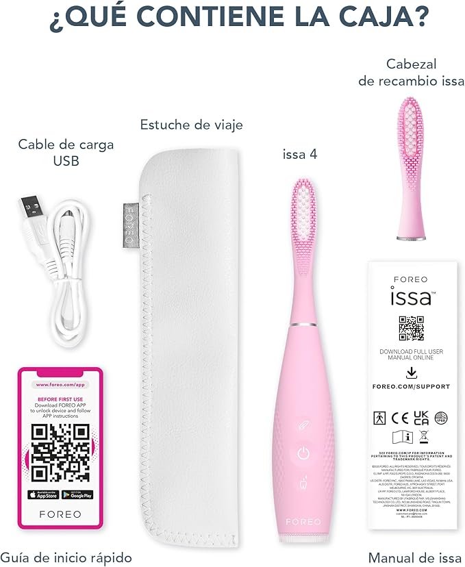 FOREO ISSA 4 Electric Toothbrush – 4-in-1 Rechargeable with Extra Brush Head Soft Bristles Long-Lasting Use Gentle Cleaning - Pearl Pink