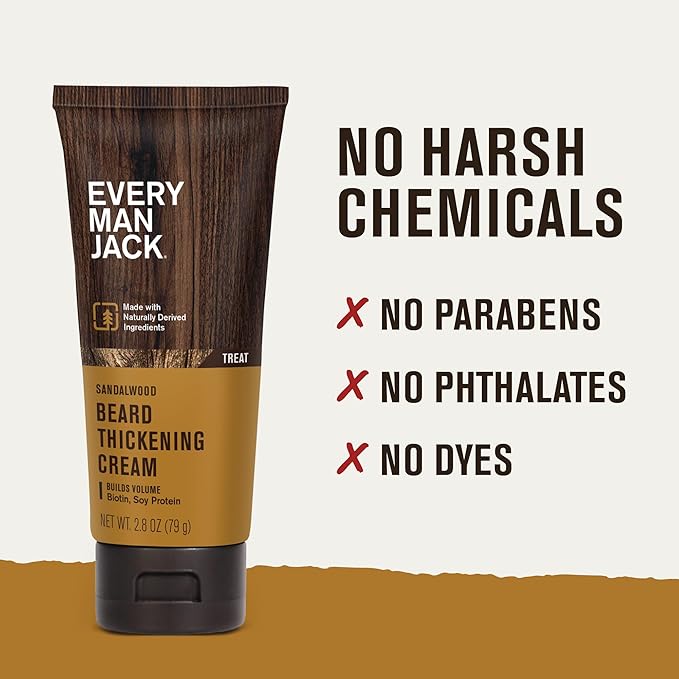Every Man Jack Beard Thickening Cream - Strengthens Thickens Nourishes Beard - Light Sandalwood Scent - Made with Naturally Derived Ingredients like Biotin Vitamin B6 Soy Protein - 2.8oz - 2 Pack
