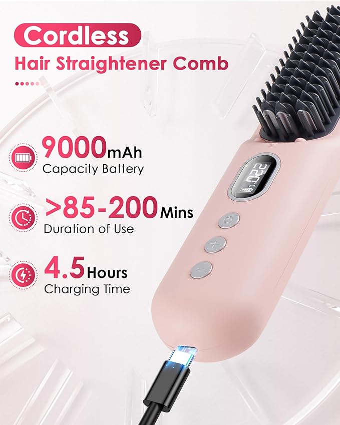 LAMA Cordless Hair Straightener Brush - Portable Hair Brush - 20s Fast Heating - 130 Million Plasma for Frizz-Free Shine 9000mAh Mini Hair Straightener Comb for Women Travel LED Display Hot CombPK