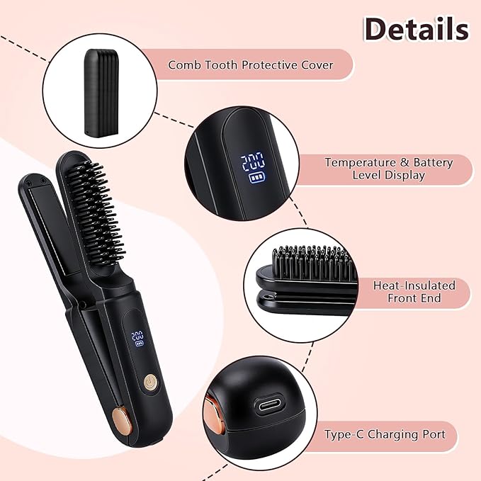 Cordless Hair Straightener Brush Portable Travel Hair Straightener 2 in 1 Cordless Mini Rechargeable Flat Iron &amp Hair Straightener Brush with Dust Cover Digital Display (Black)