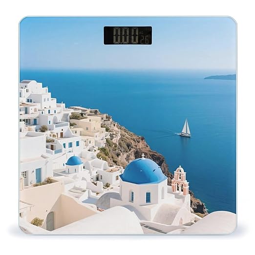 Santorini Greek Island Sea View Scale for Body Weight Sturdy Tempered Glass Weighing Scales with LCD Display Accurate Digital Bathroom Scale Convenient Body Fat Smart Scales Easy Read
