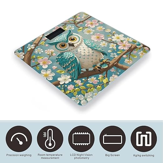 Owl Spring Flowers Turquoise Scale for Body Weight Digital Bathroom Scale Toughened Glass High Precision Scales for Body Weight with Large LCD Backlight Display Weight Scales