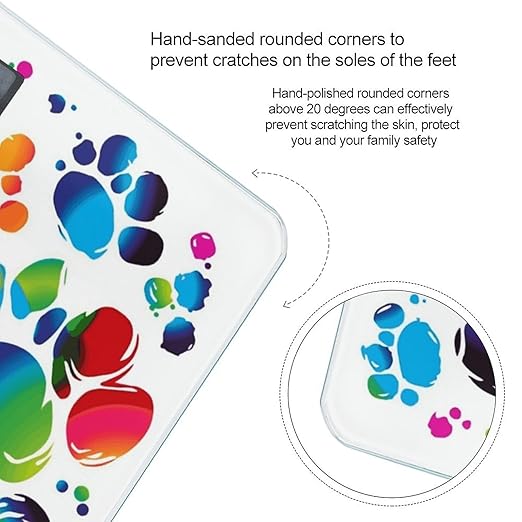 Colorful Dog Paw Print Scale for Body Weight Safe Rounded Corners Tempered Glass Digital Bathroom Scale LED Display 400lb Capacity Weight Scales with High Precision Sensors