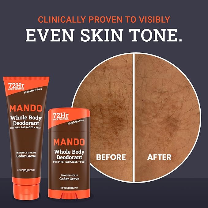 Mando Whole Body Deodorant - Invisible Cream Tube and Solid Stick - 72 Hour Odor Control - Aluminum Free Baking Soda Free Skin Safe - 3.0 Ounce Tube and 2.6 Ounce Solid Stick Bundle - Cedar Grove