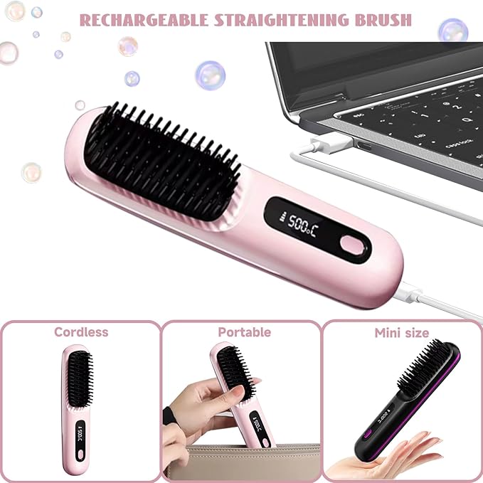Cordless Hair Straightener Brush 7.8 Mini Hair Straightener with LCD Temperature Display Portable Hair Straightener Comb for Travel Negative Ionic Brush Straighteners for Women (Pink)