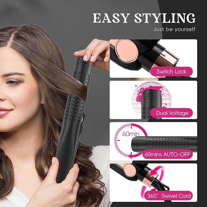 SKIMI Airflow Styler 2.0 Titanium Flat Iron Hair Straightener &amp Curling Wand 96 Cool Air Vents for 48H Lasting Style Dual Voltage for Travel &amp Home Anti-Tangle 5 Temps (Black &amp Blush).