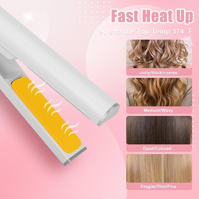 Mini Portable Cordless Hair StraightenerUSB RechargeableRapid Heating can Work continuously for 40 MinutesWireless Curling Iron for Travel (White)