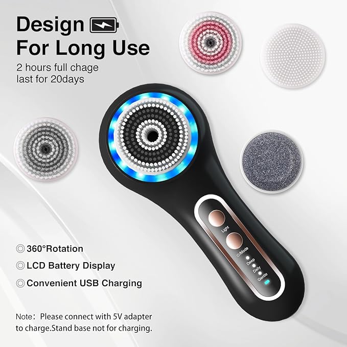 Face Scrubber ExfoliatorFacial Cleansing Brush Rechargeable IPX7 Waterproof with 5 Brush HeadsElectric Face Spin Brush for Exfoliating Massaging and Deep Cleansing (Black+Gold)