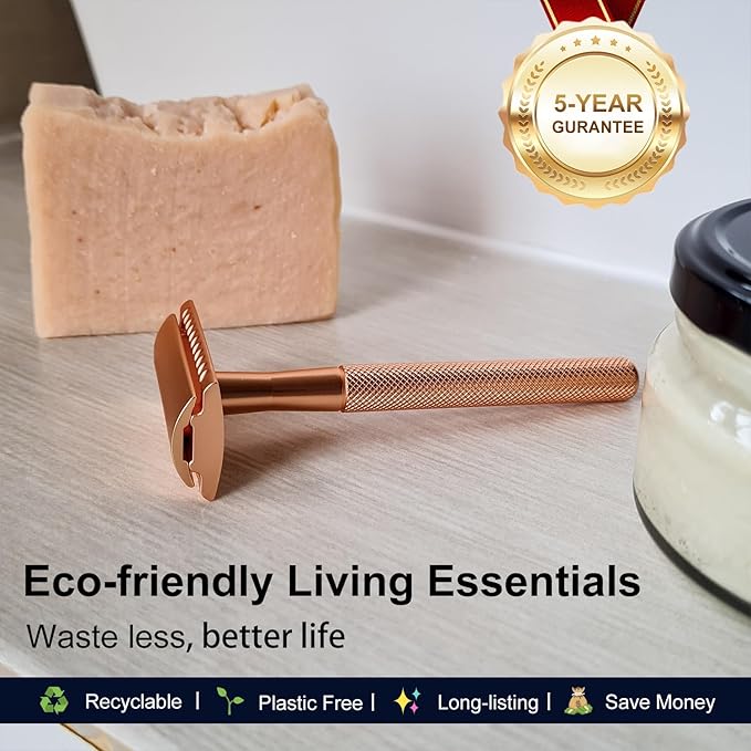 Rose Gold Safety Razor Kit with Exfoliating Gloves