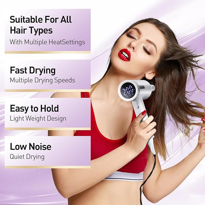Hair Dryer High-Speed Ionic Blow Dryer Powerful 1600 Watt Motor for Fast Drying and Straight &amp Wavy Hair Foldable Lightweight Hairdryer with Magnetic Suction Nozzle for Home Salon Travel