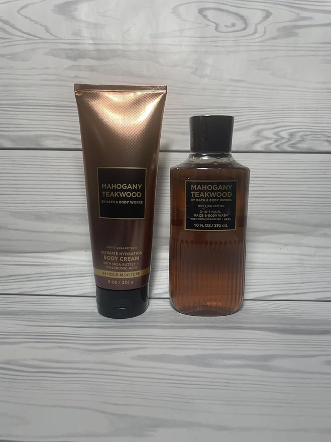 Bath &amp Body Works Mahogany Teakwood Men's 3-in-1 Hair Face &amp Body Wash and Body Cream 2 Piece Set