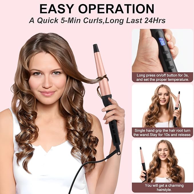 Professional Ceramic Tapered Curling Wand - 1/2 to 1 Inch Hair Curler with LCD Display &amp 14 Heat Settings for All Types(0.75-1.25 Inch)