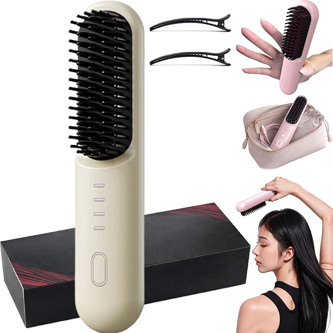 2026 New Cordless Styling Brush for Short Hair Styling ToolsHeated Brush for Short HairPortable Travel StraightenerUSB Rechargeable4 Temps Fast Heating CeramicSmooth Frizz Styling Tool (Yellow)