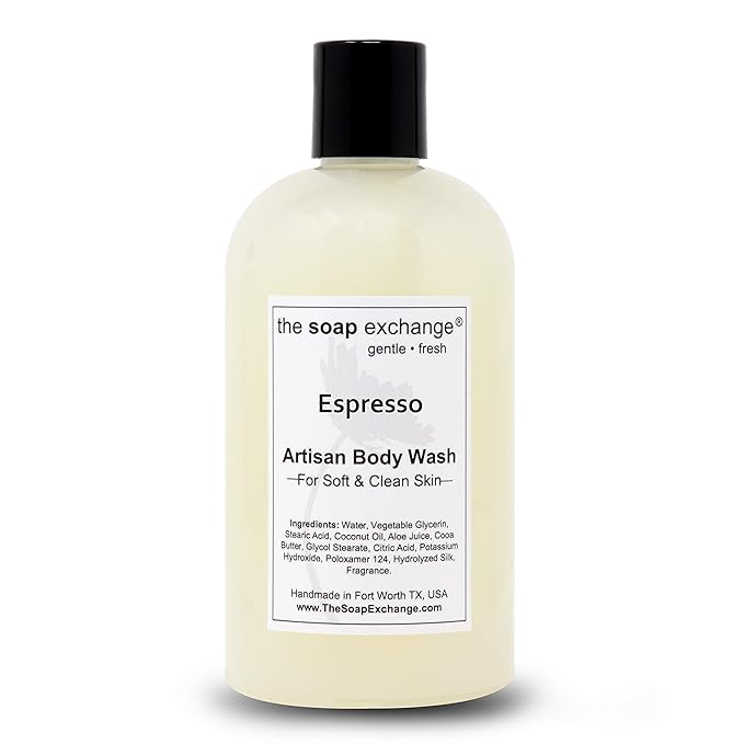 The Soap Exchange Body Wash - Espresso Scent - Hand Crafted 12 fl oz / 354 ml Natural Artisan Liquid Soap for Hand Face &amp Body Shower Gel Cleanse Moisturize &amp Protect. Made in the USA.