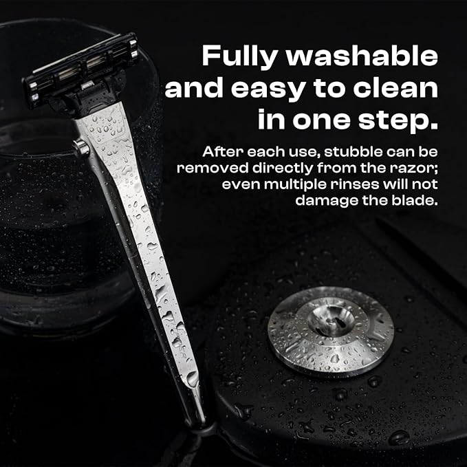 Titanium 3-Layer Razor Handle with Quick Release Button Compatible with Mach3 Blades Rustproof &amp Lightweight Includes Round Stand (Grey)