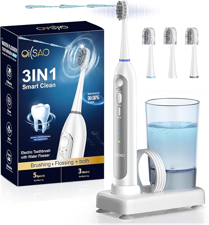 Electric Toothbrush with Water Flosser 3 Sonic Toothbrush Modes &amp 5 Water Pressures Rechargeable &amp Portable for Adult Teeth Cleaning and Plaque Removal IPX7 Waterproof 30-Day Battery