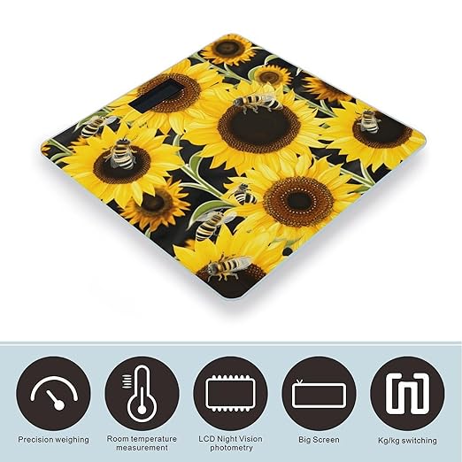 Sunflower Bees Bathroom Scale Large LCD Backlight Display Digital Scale Rounded Corners Body Scales Automatic Power On/Off Bathroom Scales for Home Bedrooms