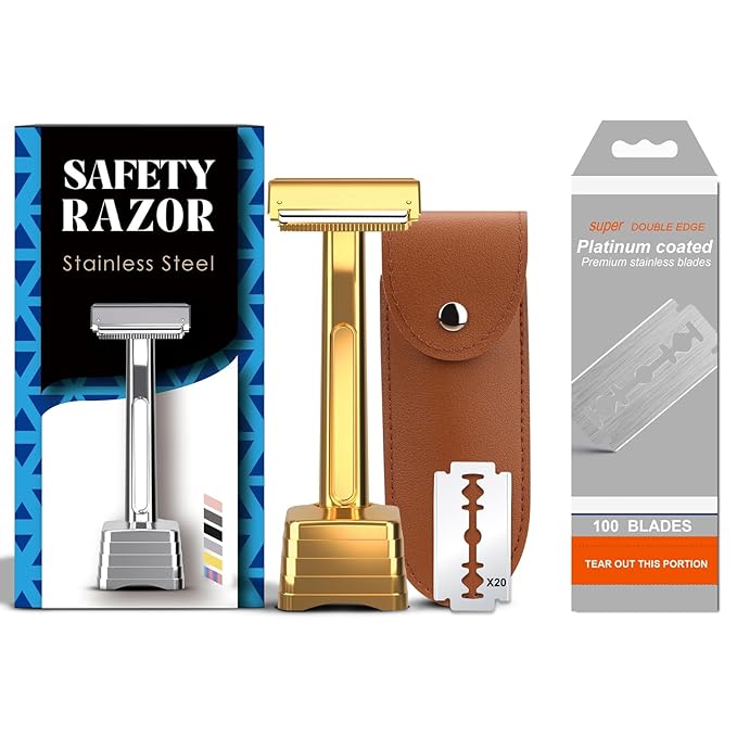 Safety Razor Set and 100 Double Edge Blades Golden