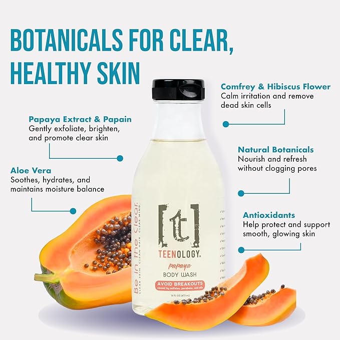 Teenology Body Wash for Teens Avoid Acne Breakouts Sulfate &amp Paraben Free with Natural Botanical Extracts for Clear &amp Healthy Skin 16 oz - (Fresh Papaya)